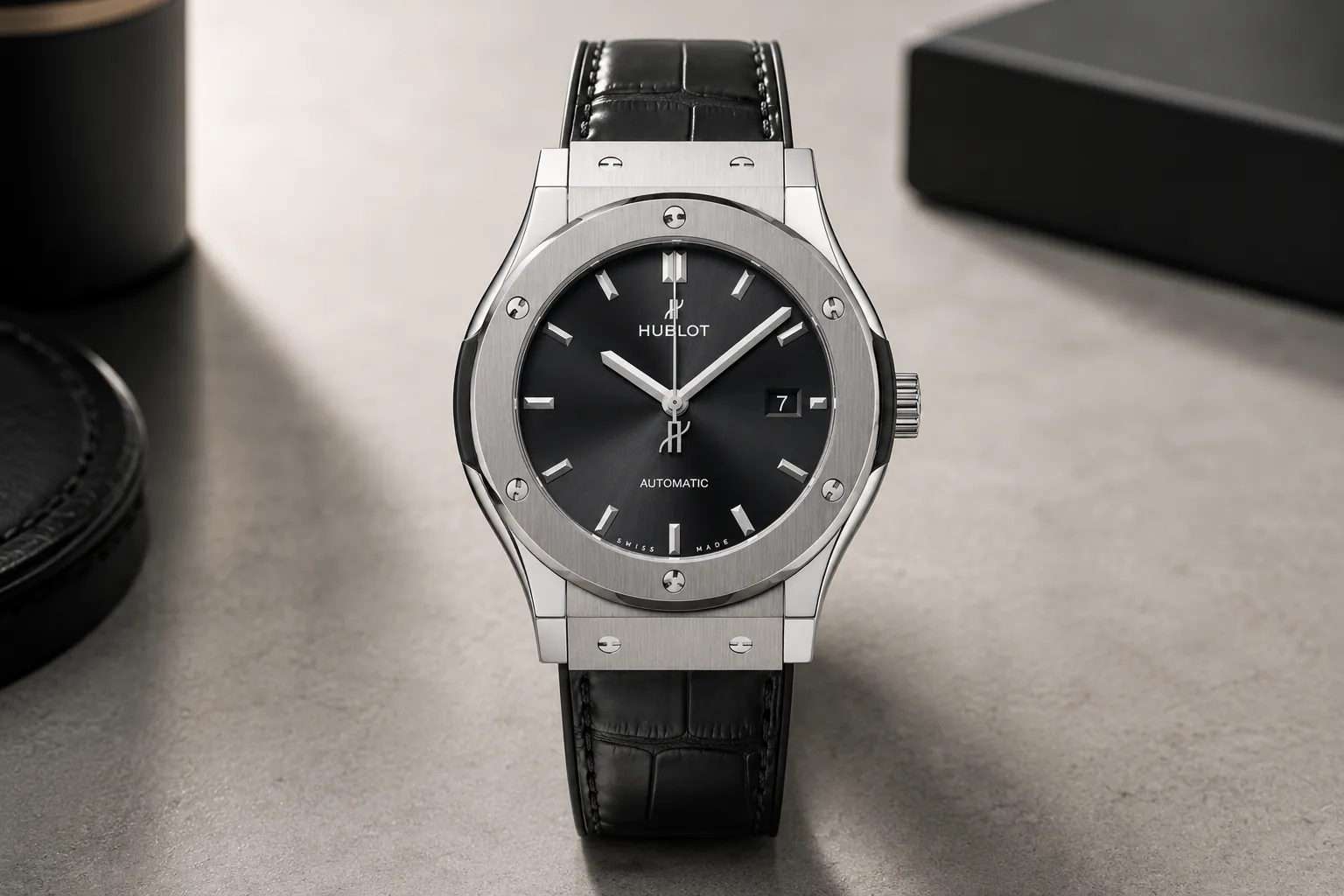 Luxury Hublot Classic Fusion watch with grey dial and leather strap displayed on a minimalist stone surface.