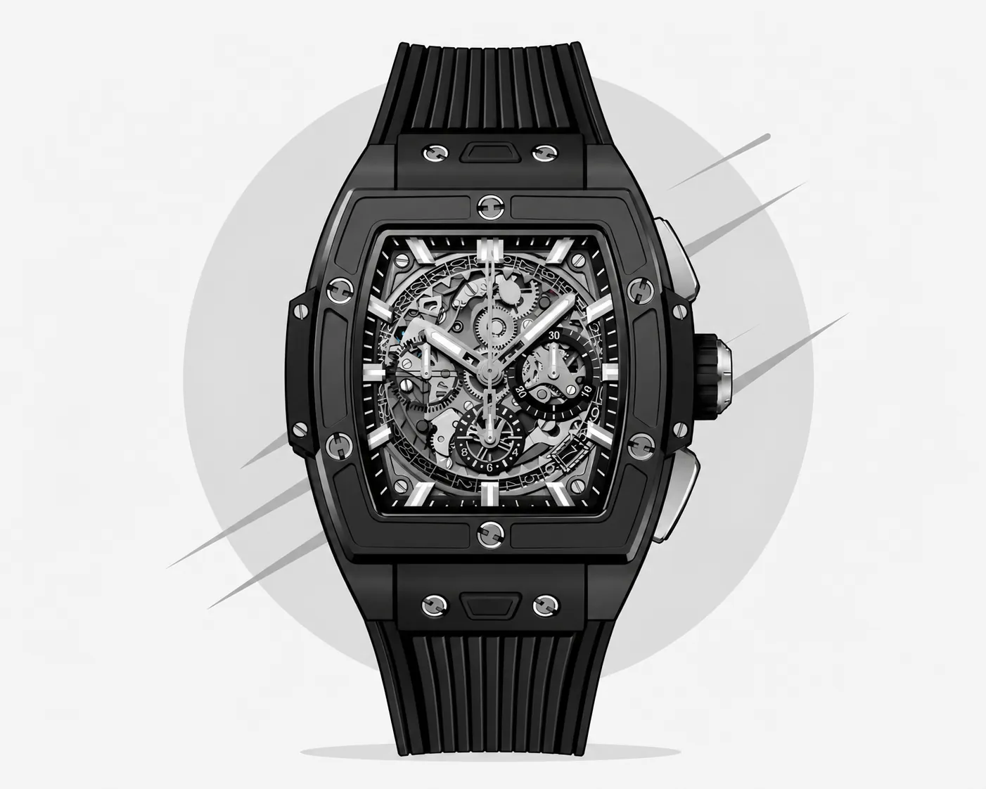 High-quality illustration of a black skeleton mechanical watch with a square dial, exposed metal movement details, and a black rubber strap on a minimalist gray background.